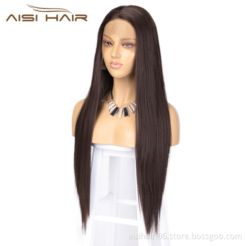 Aisi Hair Hot Selling Long Silky Straight Brown Wig Middle Part Swiss Lace Wig Cheap Synthetic Lace Front Wigs For Black Women